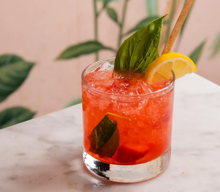 Refreshing red cocktail with ice, fresh green basil leaves, a lemon wedge garnish, and a reusable straw, served in a clear glass on a white marble tabletop with a soft botanical background.